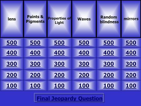 Final Jeopardy Question lens Paints & Pigments 500 mirrors Waves Random blindness 100 200 300 400 500 400 300 200 100 200 300 400 500 Properties of Light.