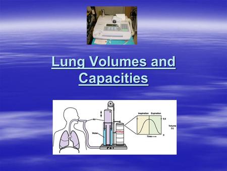 Lung Volumes and Capacities. Learning Objectives  Be familiar with the concepts of, and be able to measure lung volumes and capacities.  Understand.