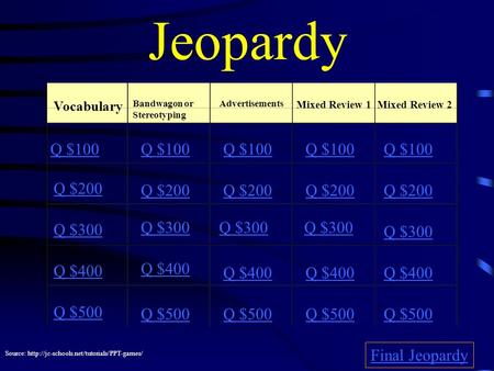 Jeopardy Vocabulary Bandwagon or Stereotyping Advertisements Mixed Review 1 Mixed Review 2 Q $100 Q $200 Q $300 Q $400 Q $500 Q $100 Q $200 Q $300 Q $400.