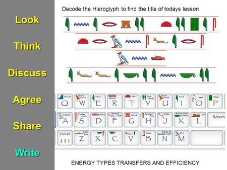 LookThinkDiscussAgreeShareWrite ENERGY TYPES TRANSFERS AND EFFICIENCY Decode the Hieroglyph to find the title of todays lesson.