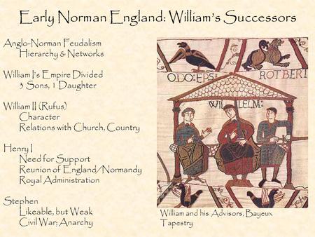 Early Norman England: William’s Successors Anglo-Norman Feudalism Hierarchy & Networks William I’s Empire Divided 3 Sons, 1 Daughter William II (Rufus)