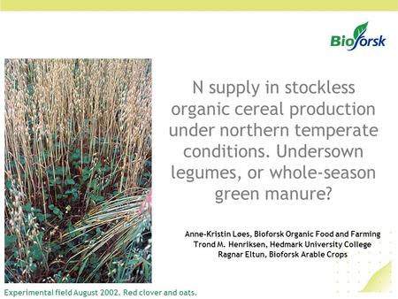N supply in stockless organic cereal production under northern temperate conditions. Undersown legumes, or whole-season green manure? Anne-Kristin Løes,