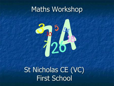 Maths Workshop St Nicholas CE (VC) First School. Aims of the Workshop To raise standards in maths by working closely with parents. To provide parents.