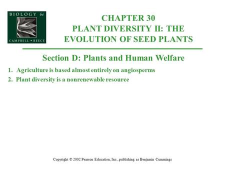 CHAPTER 30 PLANT DIVERSITY II: THE EVOLUTION OF SEED PLANTS Copyright © 2002 Pearson Education, Inc., publishing as Benjamin Cummings Section D: Plants.