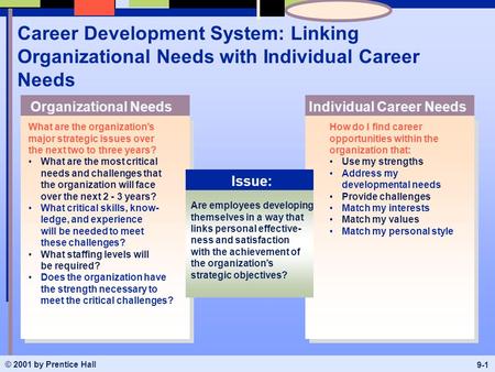 © 2001 by Prentice Hall 9-1 Career Development System: Linking Organizational Needs with Individual Career Needs What are the organization’s major strategic.
