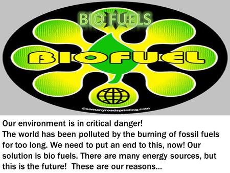 Our environment is in critical danger! The world has been polluted by the burning of fossil fuels for too long. We need to put an end to this, now! Our.