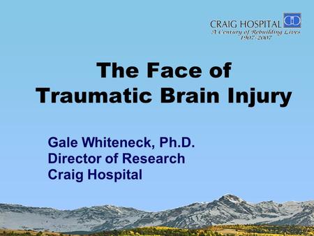 The Face of Traumatic Brain Injury Gale Whiteneck, Ph.D. Director of Research Craig Hospital.