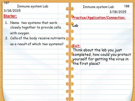 3/18/2015 Starter: Immune system Lab 3/18/2015 Immune system Lab Practice/Application/Connection: Lab Exit: Think about the lab you just completed, how.