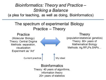 Bioinformatics: Theory and Practice – Striking a Balance (a plea for teaching, as well as doing, Bioinformatics) Practice (Molecular Biology) Theory: Central.