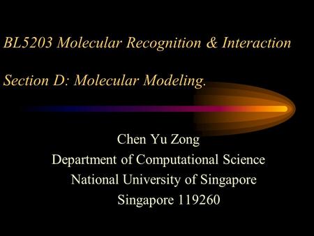 BL5203 Molecular Recognition & Interaction Section D: Molecular Modeling. Chen Yu Zong Department of Computational Science National University of Singapore.