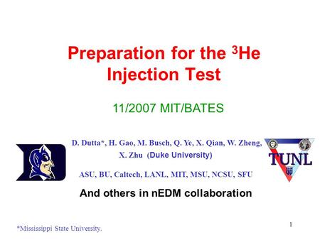 1 Preparation for the 3 He Injection Test 11/2007 MIT/BATES D. Dutta*, H. Gao, M. Busch, Q. Ye, X. Qian, W. Zheng, X. Zhu ( Duke University) ASU, BU, Caltech,