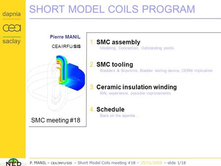NED Project P. MANIL – CEA/IRFU/SIS – Short Model Coils meeting #18 – 25/01/2008 – slide 1/18 SHORT MODEL COILS PROGRAM SMC meeting #18 Pierre MANIL CEA/IRFU/SIS.