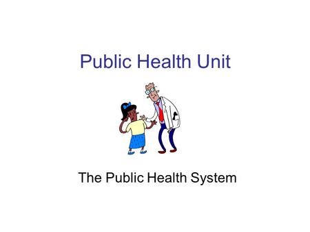 Public Health Unit The Public Health System. Lesson Objective: TSWBAT: –Define what a healthy community is. –Define what is public health. –Understand.
