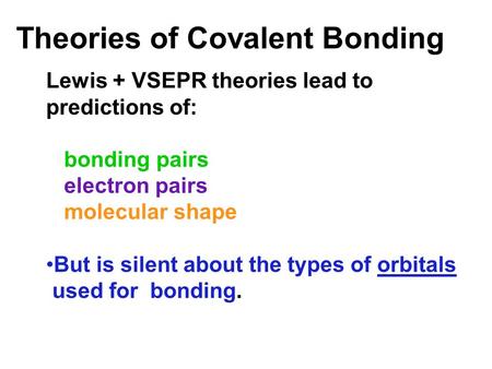 Theories of Covalent Bonding Lewis + VSEPR theories lead to predictions of: bonding pairs electron pairs molecular shape But is silent about the types.
