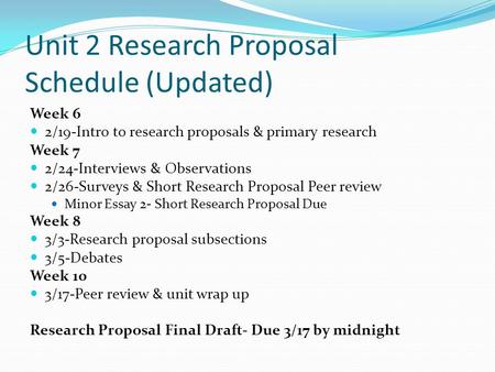 Unit 2 Research Proposal Schedule (Updated) Week 6 2/19-Intro to research proposals & primary research Week 7 2/24-Interviews & Observations 2/26-Surveys.
