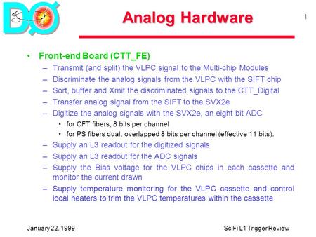 January 22, 1999SciFi L1 Trigger Review 1 Analog Hardware Front-end Board (CTT_FE) –Transmit (and split) the VLPC signal to the Multi-chip Modules –Discriminate.