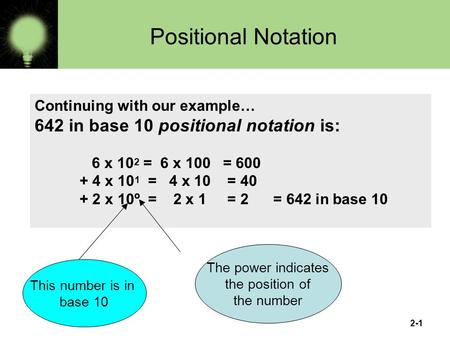 Positional Notation 642 in base 10 positional notation is: