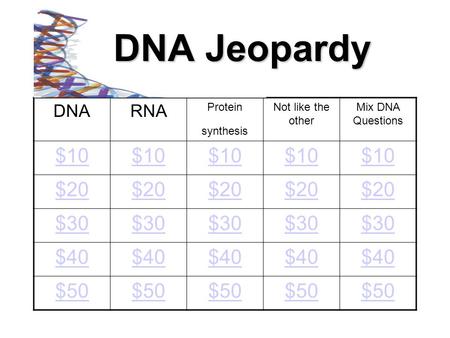 DNARNA Protein synthesis Not like the other Mix DNA Questions $10 $20 $30 $40 $50 DNA Jeopardy.