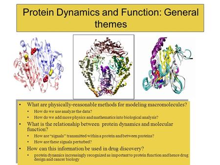 What are physically-reasonable methods for modeling macromolecules? How do we use analyze the data? How do we add more physics and mathematics into biological.