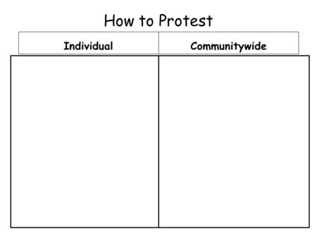 How to Protest IndividualCommunitywide. Civil Disobedience: A group's refusal to obey a law because they believe the law is immoral. A tactic used in.