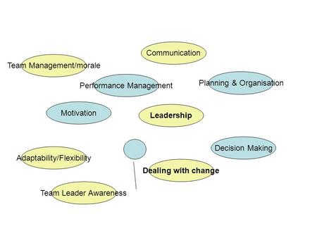 Team Management/morale Performance Management Motivation Decision Making Leadership Adaptability/Flexibility Planning & Organisation Communication Dealing.