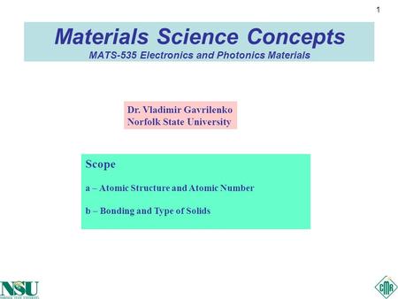 1 Materials Science Concepts MATS-535 Electronics and Photonics Materials Scope a – Atomic Structure and Atomic Number b – Bonding and Type of Solids Dr.