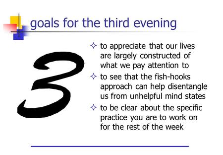Goals for the third evening  to appreciate that our lives are largely constructed of what we pay attention to  to see that the fish-hooks approach can.