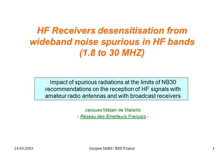 24/03/2003Jacques MdM / REF France1 HF Receivers desensitisation from wideband noise spurious in HF bands (1.8 to 30 MHZ) Impact of spurious radiations.