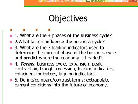 Objectives 1. What are the 4 phases of the business cycle? 2.What factors influence the business cycle? 3. What are the 3 leading indicators used to determine.