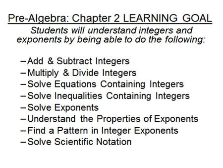 Pre-Algebra 2-2 Subtracting Integers Today’s Learning Goal Assignment Learn to subtract integers.