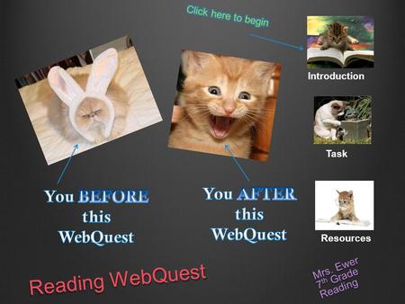 Reading WebQuest Mrs. Ewer 7 th Grade Reading Introduction Task Resources.