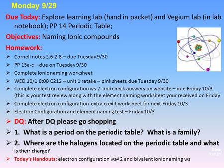 Slide 1 of 21 Due Today: Explore learning lab (hand in packet) and Vegium lab (in lab notebook); PP 14 Periodic Table; Objectives: Naming Ionic compounds.