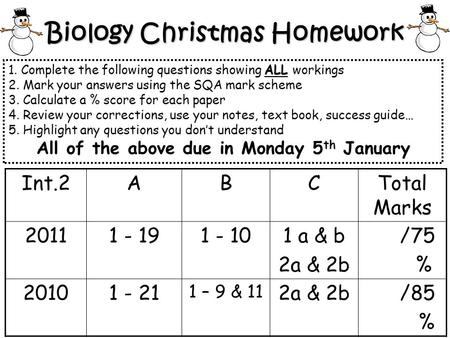 Biology Christmas Homework ALL 1. Complete the following questions showing ALL workings 2. Mark your answers using the SQA mark scheme 3. Calculate a %