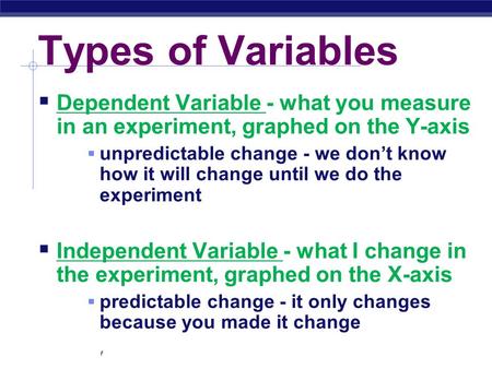 Regents Biology Types of Variables  Dependent Variable - what you measure in an experiment, graphed on the Y-axis  unpredictable change - we don’t know.