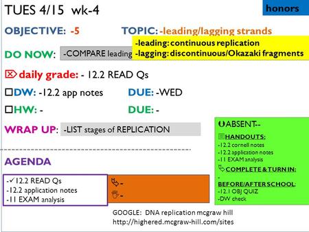 TUES 4/15 wk-4 OBJECTIVE: -5 TOPIC: -leading/lagging strands DO NOW :  daily grade: - 12.2 READ Qs  DW: -12.2 app notesDUE: -WED  HW: -DUE: - WRAP UP: