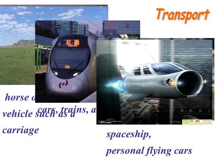 Horse or simple vehicle such as a carriage cars, trains, airplanes, spaceship, personal flying cars.