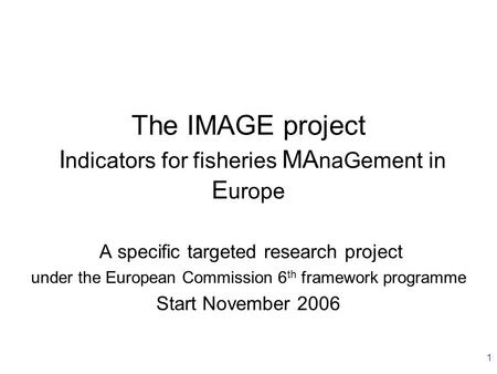 1 The IMAGE project I ndicators for fisheries MA naGement in E urope A specific targeted research project under the European Commission 6 th framework.