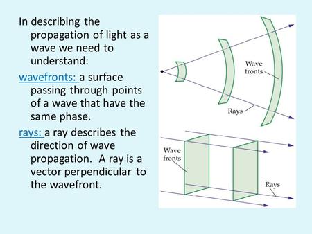 In describing the propagation of light as a wave we need to understand: wavefronts: a surface passing through points of a wave that have the same phase.