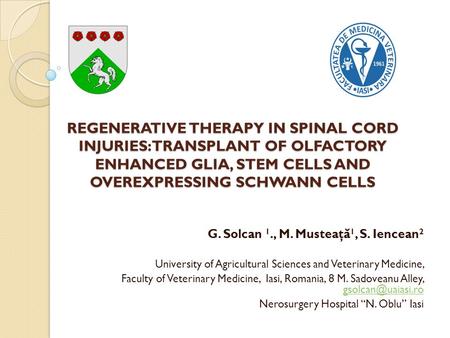 REGENERATIVE THERAPY IN SPINAL CORD INJURIES: TRANSPLANT OF OLFACTORY ENHANCED GLIA, STEM CELLS AND OVEREXPRESSING SCHWANN CELLS G. Solcan 1., M. Musteaţă1,
