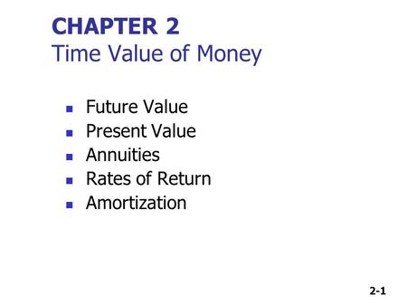 2-1 CHAPTER 2 Time Value of Money Future Value Present Value Annuities Rates of Return Amortization.