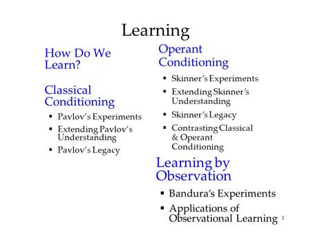 1 Learning How Do We Learn? Classical Conditioning  Pavlov’s Experiments  Extending Pavlov’s Understanding  Pavlov’s Legacy Operant Conditioning  Skinner’s.