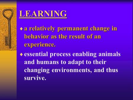 LEARNING  a relatively permanent change in behavior as the result of an experience.  essential process enabling animals and humans to adapt to their.