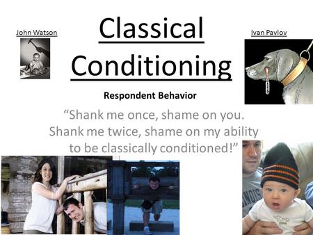 Classical Conditioning “Shank me once, shame on you. Shank me twice, shame on my ability to be classically conditioned!” John WatsonIvan Pavlov Respondent.