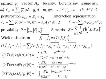 Locality,Lorentz inv.gauge inv. spinor   vector A  interaction reprensatationperturbation S-matrix provability Wick's theorem.
