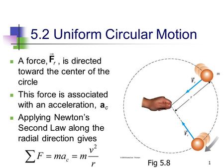 1 5.2 Uniform Circular Motion A force,, is directed toward the center of the circle This force is associated with an acceleration, a c Applying Newton’s.