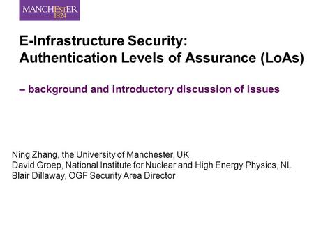 Ning Zhang, the University of Manchester, UK David Groep, National Institute for Nuclear and High Energy Physics, NL Blair Dillaway, OGF Security Area.