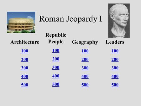 Roman Jeopardy I Architecture 100 200 300 400 500 Republic People 100 200 300 400 500 Geography 100 200 300 400 500 Leaders 100 200 300 400 500.