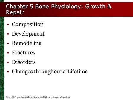 Copyright © 2003 Pearson Education, Inc. publishing as Benjamin Cummings Chapter 5 Bone Physiology: Growth & Repair Composition Development Remodeling.