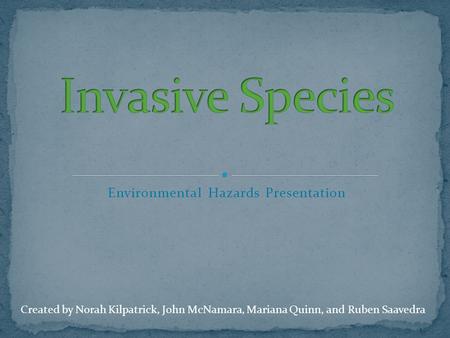 Environmental Hazards Presentation Created by Norah Kilpatrick, John McNamara, Mariana Quinn, and Ruben Saavedra.