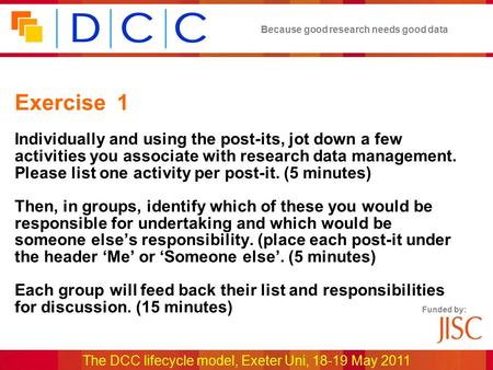 Because good research needs good data The DCC lifecycle model, Exeter Uni, 18-19 May 2011 Funded by: Exercise 1 Individually and using the post-its, jot.
